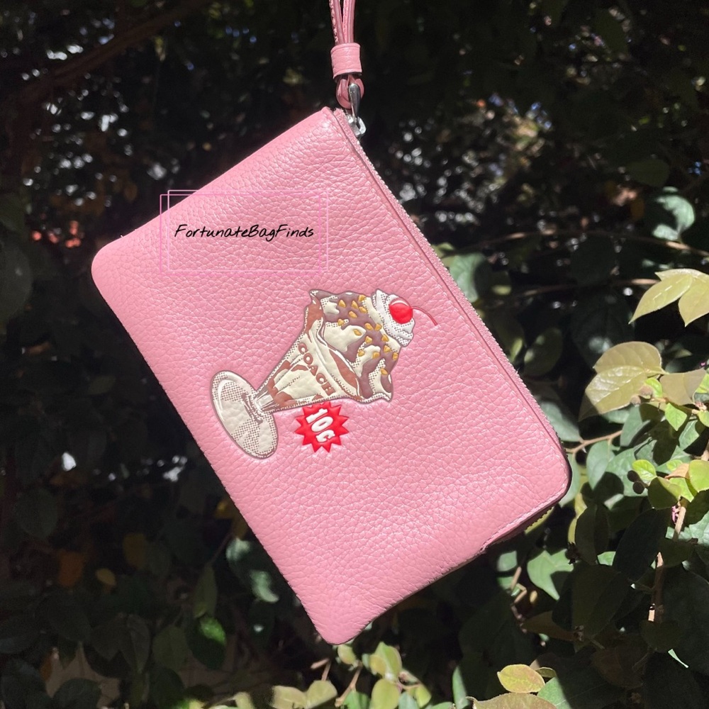 Pink Cherry Blossom Coach Corner Zip Leather Sundae Graphic Wristlet Wallet